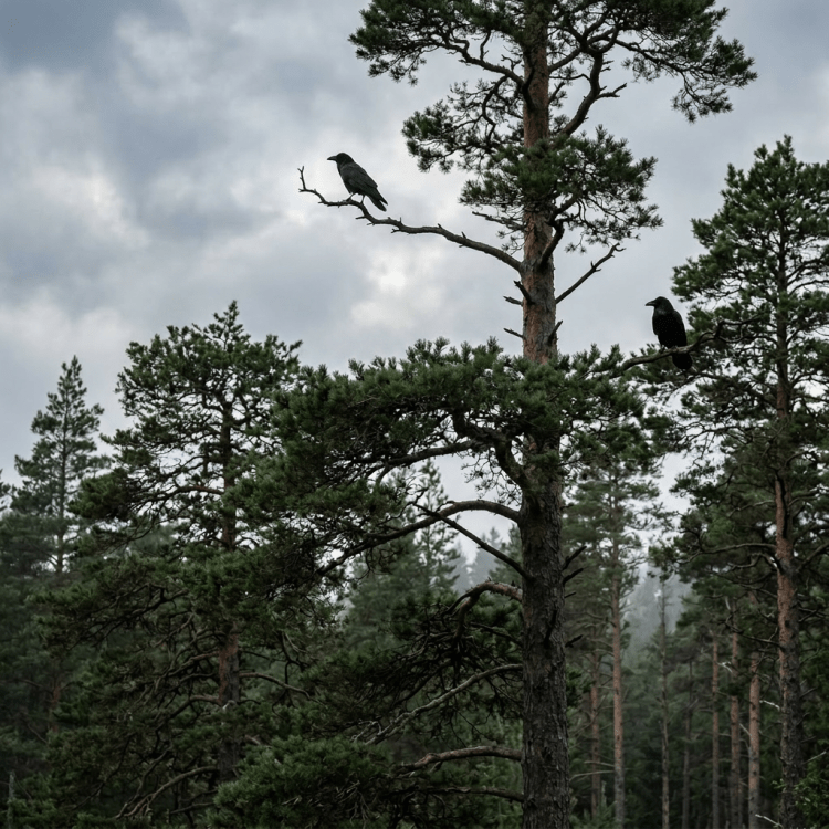 Five black ravens perched on branches of tall pine trees in a forest under a cloudy sky.